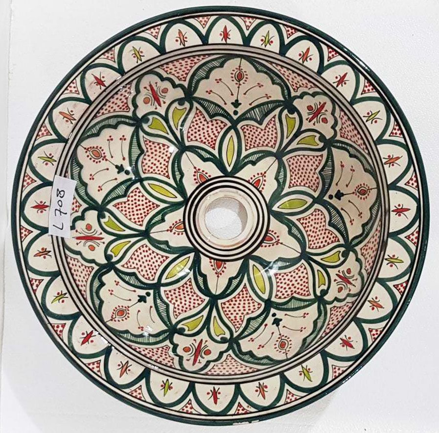 Marokkaanse waskom - groen/rood -  "L708" - aardewerk (opbouw) wasbak uit Fez - Ø 40 cm