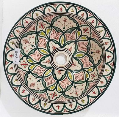 Marokkaanse waskom - groen/rood -  "L708" - aardewerk (opbouw) wasbak uit Fez - Ø 40 cm
