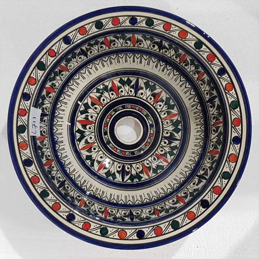 Marokkaanse waskom - blauw/rood -  "L711" - aardewerk (opbouw) wasbak uit Fez - Ø 40 cm