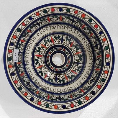 Marokkaanse waskom - blauw/rood -  "L711" - aardewerk (opbouw) wasbak uit Fez - Ø 40 cm