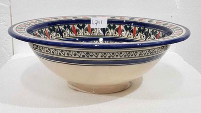 Marokkaanse waskom - blauw/rood - "L711" - aardewerk (opbouw) wasbak uit Fez - Ø 40 cm