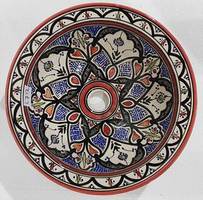 Marokkaanse waskom - blauw/rood -  "L712" - aardewerk (opbouw) wasbak uit Fez - Ø 40 cm
