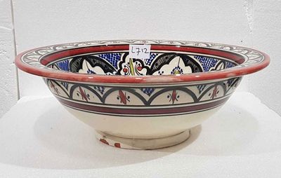 Marokkaanse waskom - blauw/rood - "L712" - aardewerk (opbouw) wasbak uit Fez - Ø 40 cm