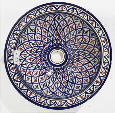 Marokkaanse waskom - blauw/rood -  "L714" - aardewerk (opbouw) wasbak uit Fez - Ø 40 cm