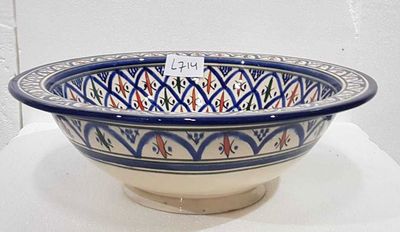 Marokkaanse waskom - blauw/rood - "L714" - aardewerk (opbouw) wasbak uit Fez - Ø 40 cm