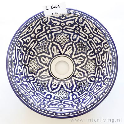 Marokkaanse waskom met wit blauwe kleurstelling - mandala style  (nr L601) - aardewerk (opbouw) wasbak uit Fez - Ø 40 cm