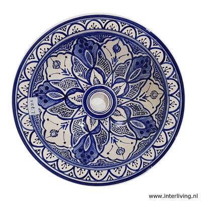 Marokkaanse waskom met wit blauwe kleurstelling - royal delft mandala style  (nr L721) - aardewerk (opbouw) wasbak uit Fez - Ø 40 cm