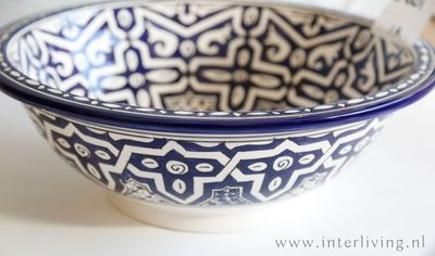 Marokkaanse waskom met wit blauwe kleurstelling - mandala style (nr L601) - aardewerk (opbouw) wasbak uit Fez - Ø 40 cm