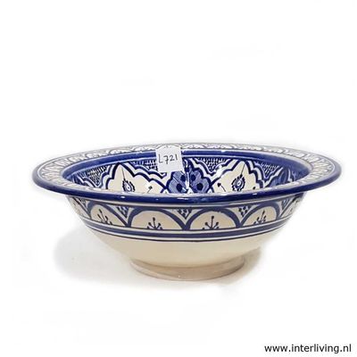 Marokkaanse waskom met wit blauwe kleurstelling - royal delft mandala style (nr L721) - aardewerk (opbouw) wasbak uit Fez - Ø 40 cm