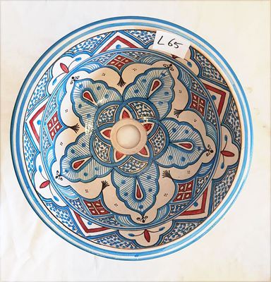 Marokkaanse waskom met wit blauwe kleurstelling - lichtblauw met rood  (nr L65) - aardewerk (opbouw) wasbak uit Fez - Ø 40 cm