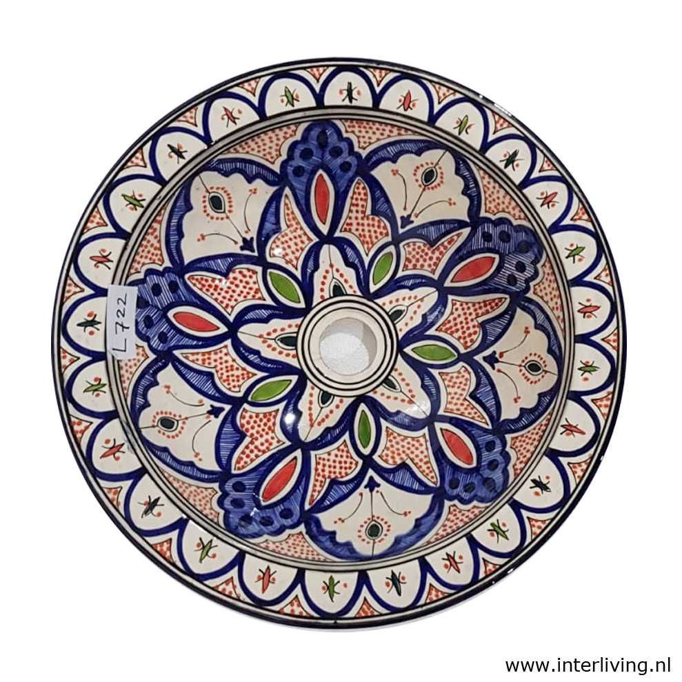 Marokkaanse waskom - kleurrijke ster / mandala patroon -  "L722" - aardewerk (opbouw) wasbak uit Fez - Ø 40 cm