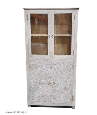 vitrinekast mangohout - white washed - kast met lotus houtsnijwerk en glasdeuren