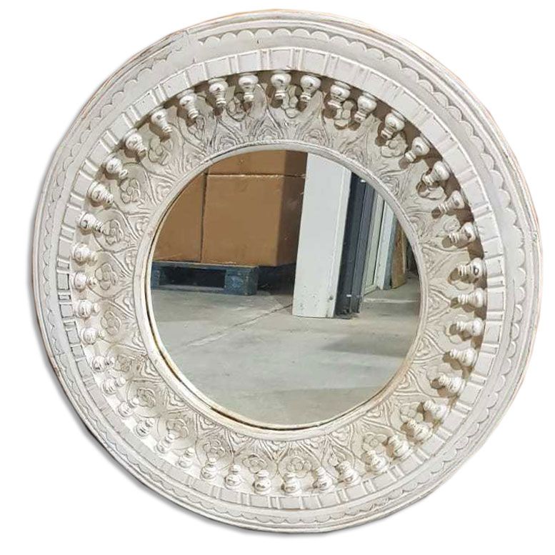 ronde houten spiegel met " jodhpur" houtsnijwerk - mangohout - white wash -  80 cm diameter