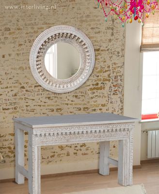 ronde houten spiegel met " jodhpur" houtsnijwerk - mangohout - white wash -  80 cm diameter
