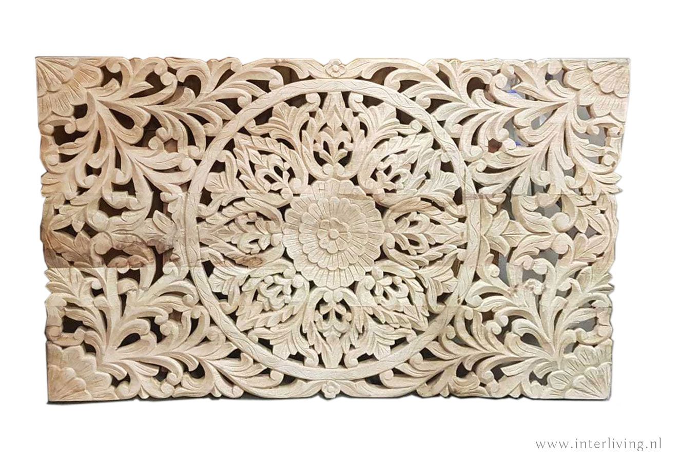 lotus mandala wandpaneel XL van massief mangohout - naturel - houtsnijwerk muurdecoratie / bed board