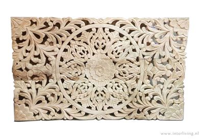 lotus mandala wandpaneel XL van massief mangohout - naturel - houtsnijwerk muurdecoratie / bed board