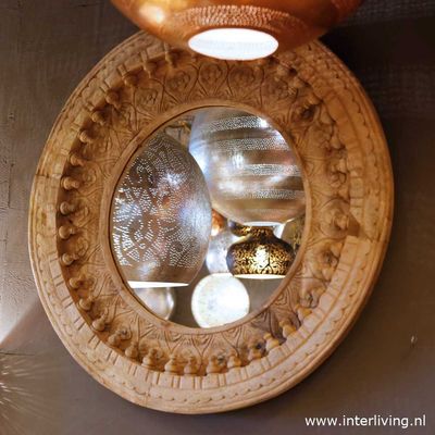 Spiegel rond van mango hout met Indiaas " jodhpur" houtsnijwerk - naturel / unfinished -  80 cm diameter