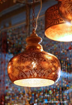Industriële Arabische ronde hanglamp "Lucidar" filigrain design - vintage koper metaal met hout + gratis theelicht