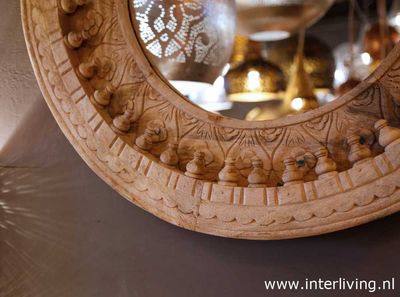 Spiegel rond van mango hout met Indiaas " jodhpur" houtsnijwerk - naturel / unfinished -  80 cm diameter