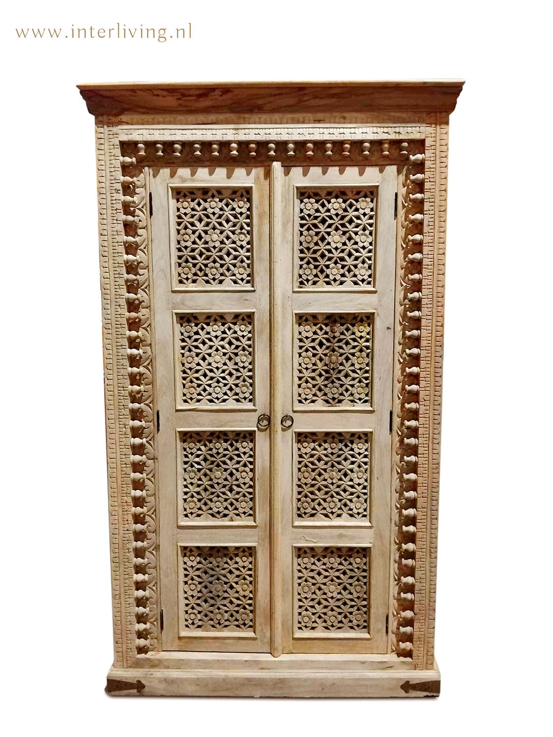 Kast XL -  kledingkast - naturel massief mango hout - Jodhpur houtsnijwerk paneeldeuren uit Rajasthan India - hoog model -190*110*60 cm met roede en planken