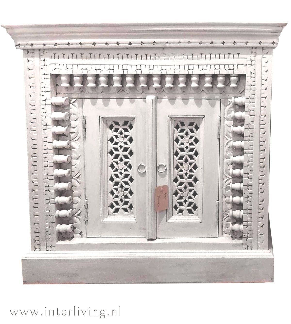 Indiase lage kast ibiza white washed - twee deurs - houtsnijwerk "Jodhpur" uit India 80x80x40 cm