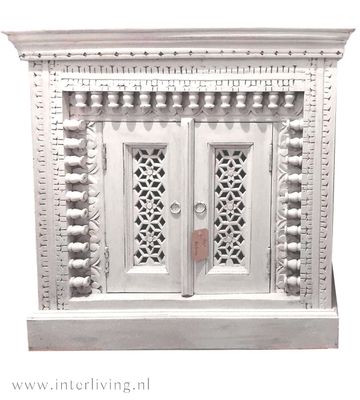 Indiase lage kast ibiza white washed - twee deurs - houtsnijwerk "Jodhpur" uit India 80x80x40 cm
