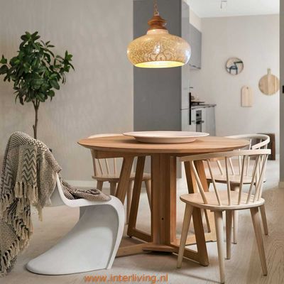Industriële ronde Arabische hanglamp "Lucidar" filigrain design - wit mat metaal &amp; verweerd goud met hout afwerking