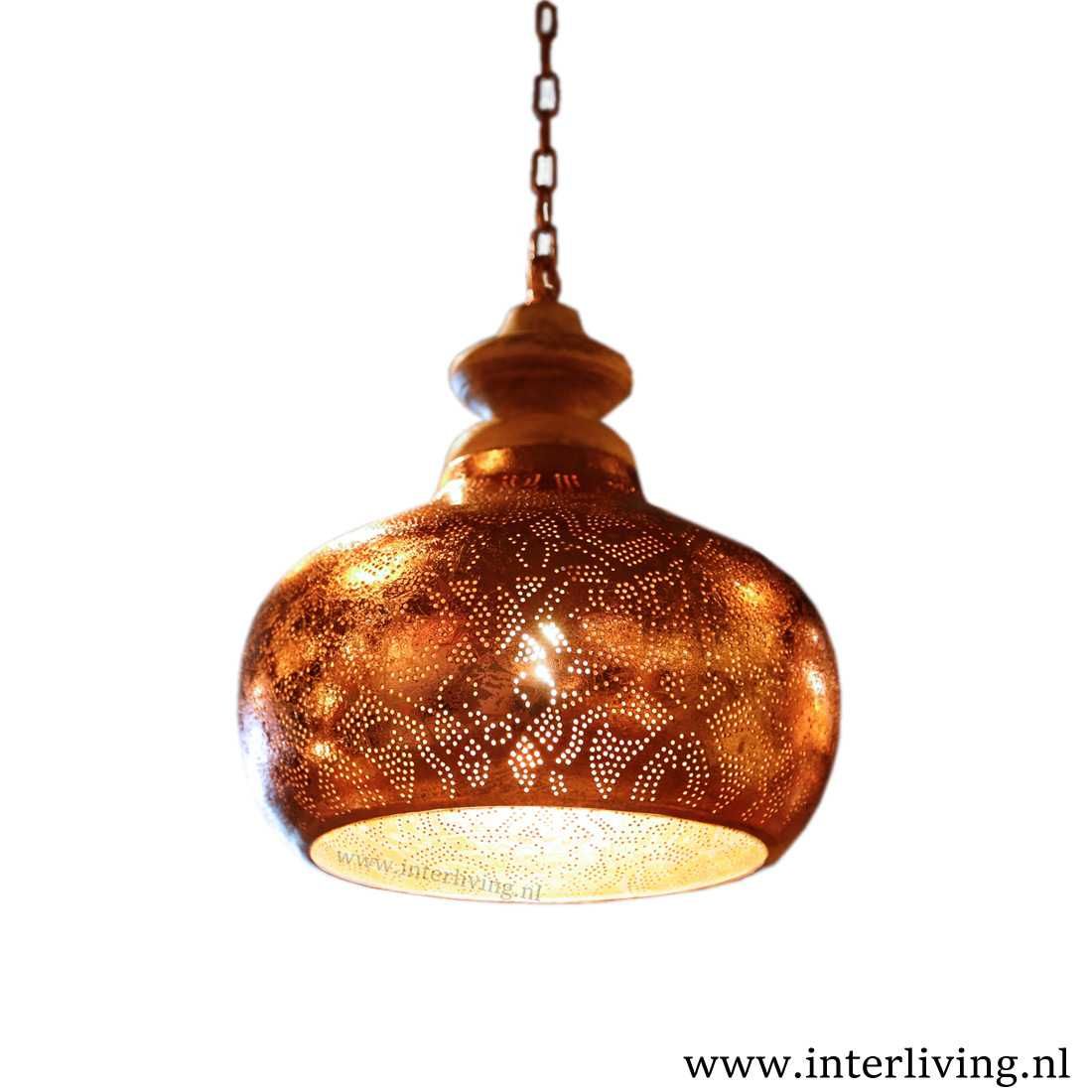 Industriële Arabische ronde hanglamp "Lucidar" filigrain design - vintage koper metaal met hout + gratis theelicht