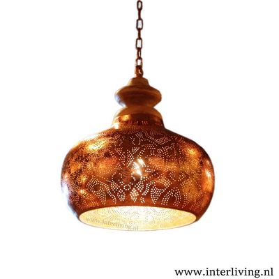 Industriële Arabische ronde hanglamp "Lucidar" filigrain design - vintage koper metaal met hout + gratis theelicht