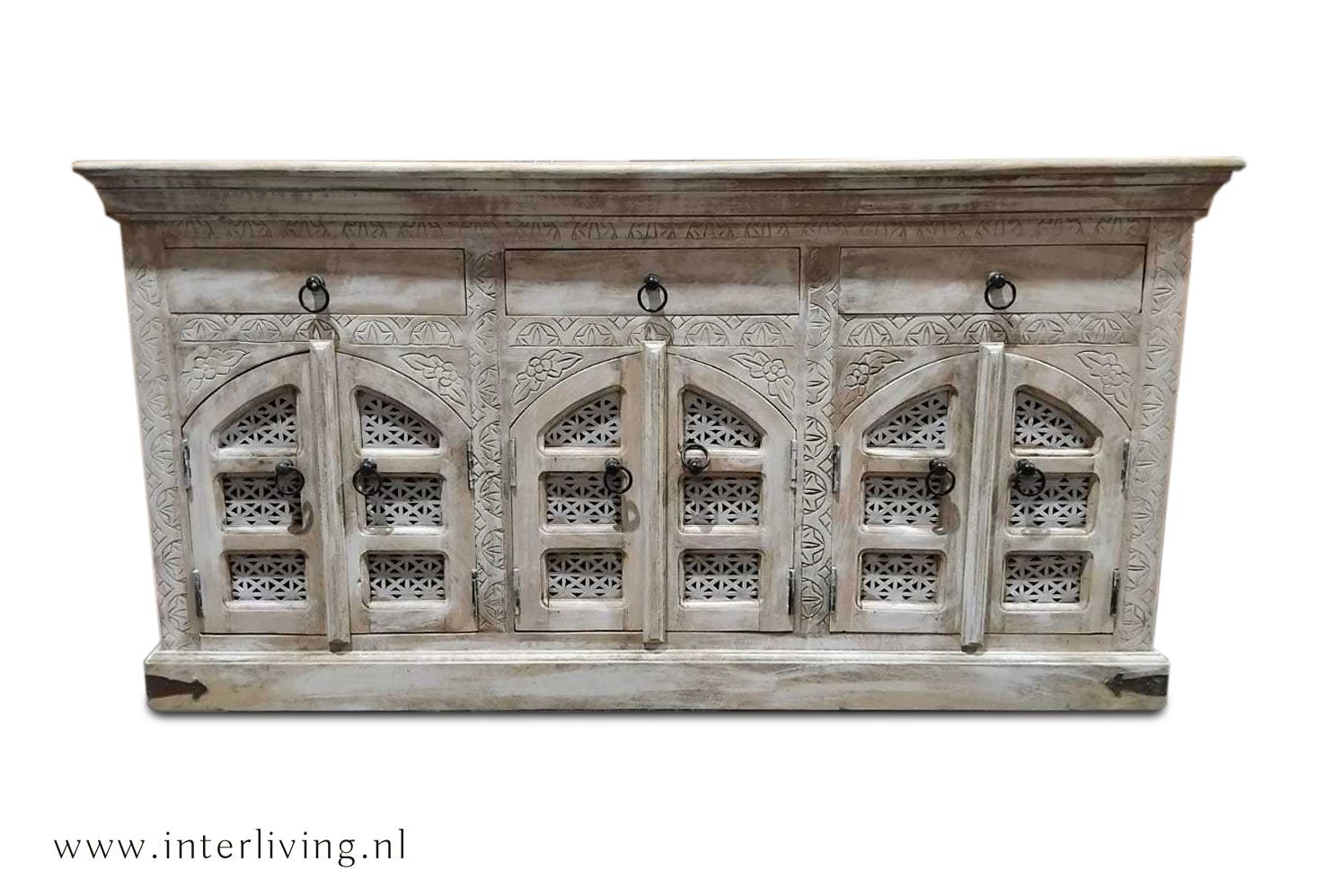 Dressoir met houtsnijwerk &quot;Ganesha&quot; uit India - 150x76x40 cm