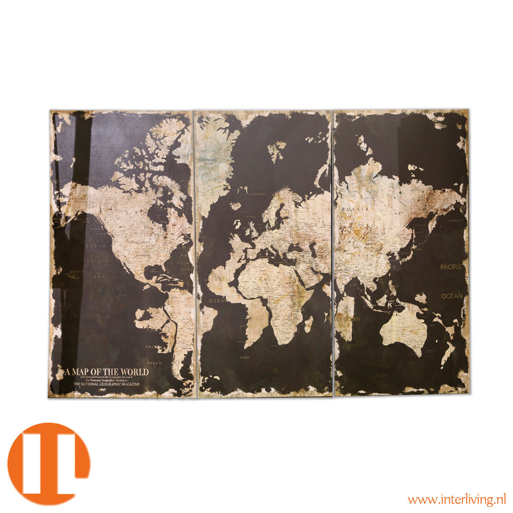 vintage landkaart (globe) - wereld - op 3 zwarte houten panelen - muurdecoratie