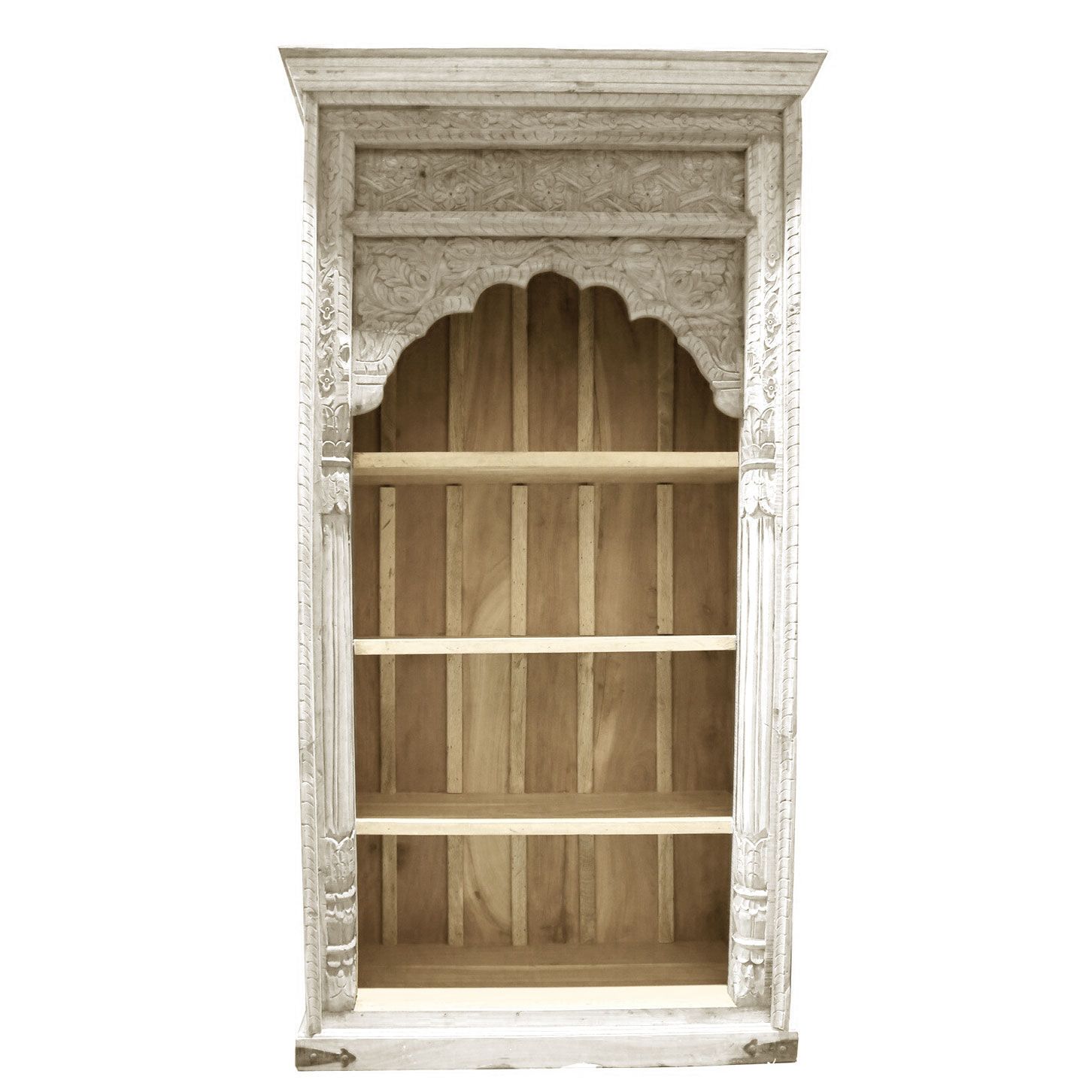 Open boeken of vitrine kast van massief hout - met oosterse bogen en houtsnijwerk - white wash - hoog model - 180*90*40 cm uit India