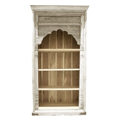 Open boeken of vitrine kast van massief hout - met oosterse bogen en houtsnijwerk - white wash - hoog model - 180*90*40 cm uit India Open boeken of vitrine kast van massief hout - met oosterse bogen en houtsnijwerk - white wash - hoog model - 180*90*40 cm uit India