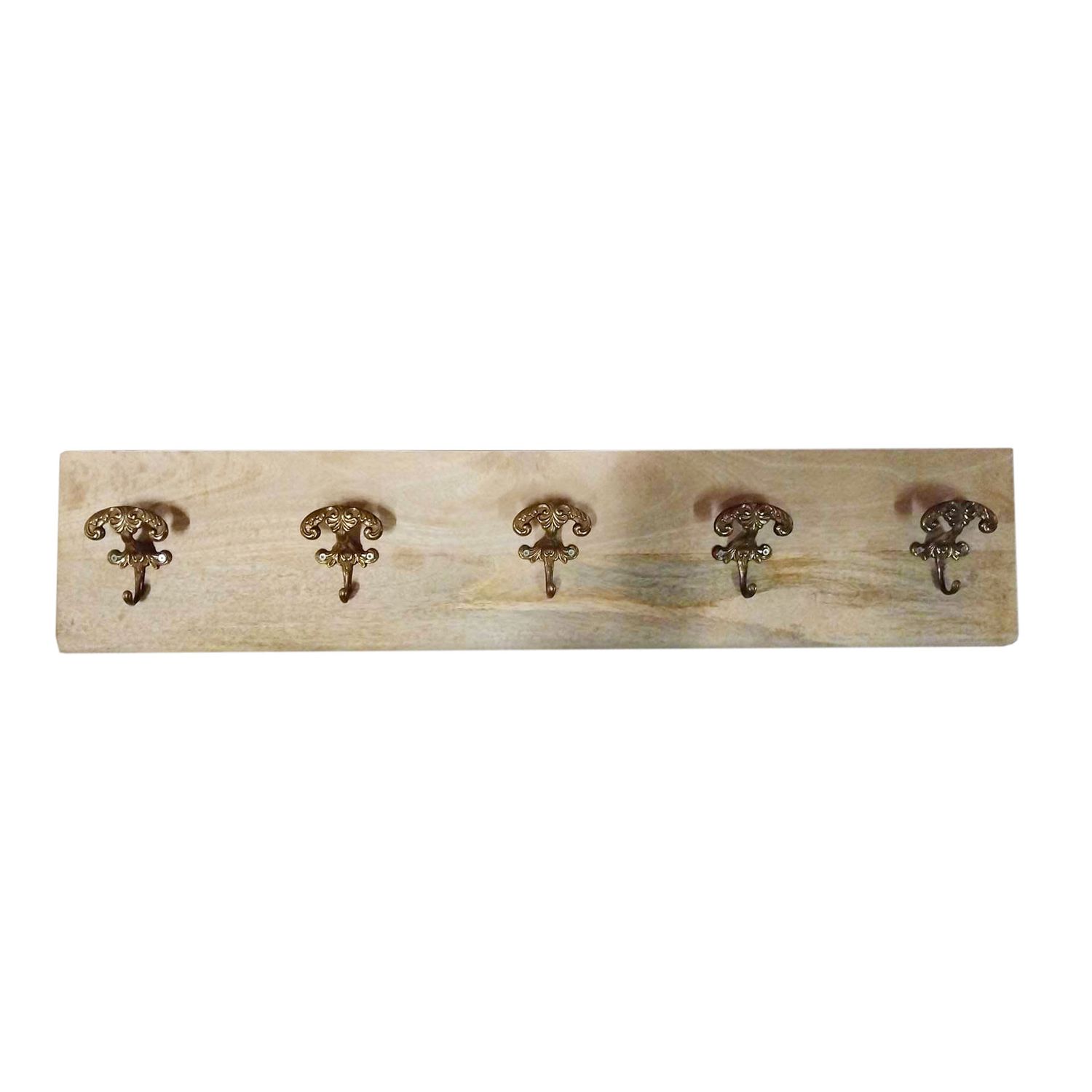 kapstok - wand model van mangohout XL plank -met 5 vintage haken