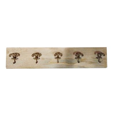 kapstok - wand model van mangohout XL plank -met 5 vintage haken