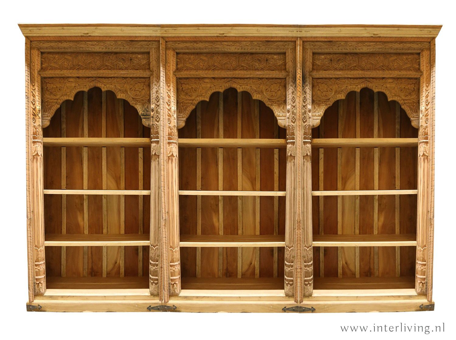 Wandkast / boekenkast XXL van naturel mangohout - oosterse bogen en houtsnijwerk - van massief mangohout  180*258*40 cm uit India