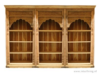 Wandkast / boekenkast XXL van naturel mangohout - oosterse bogen en houtsnijwerk - van massief mangohout 180*258*40 cm uit India Wandkast / boekenkast XXL van naturel mangohout - oosterse bogen en houtsnijwerk - van massief mangohout 180*258*40 cm uit India