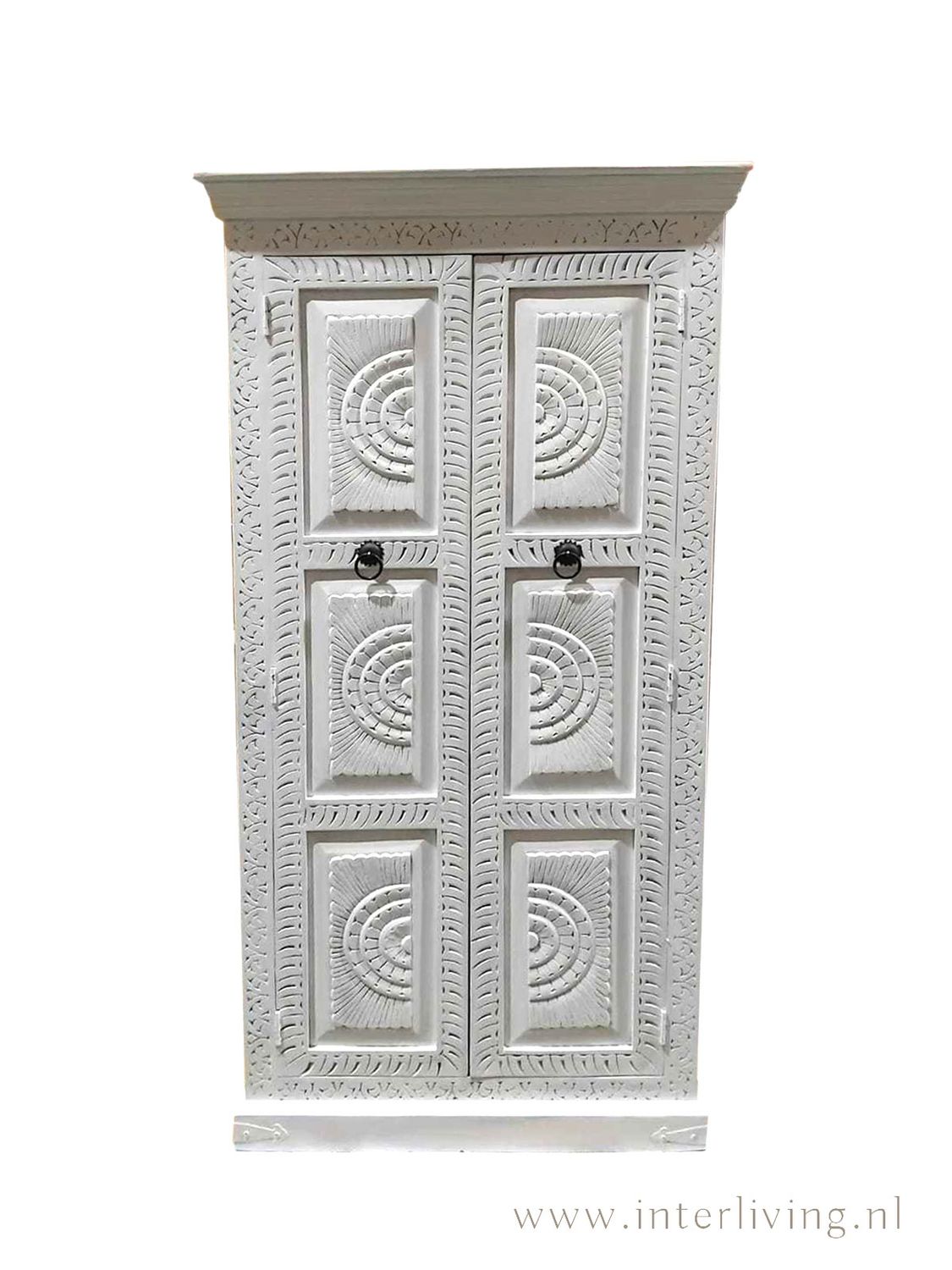Ibiza kast "Sunshine" - hoge mangohouten kast 180*90*40 cm met houtsnijwerk - white wash