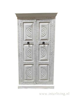 Ibiza kast "Sunshine" - hoge mangohouten kast 180*90*40 cm met houtsnijwerk - white wash