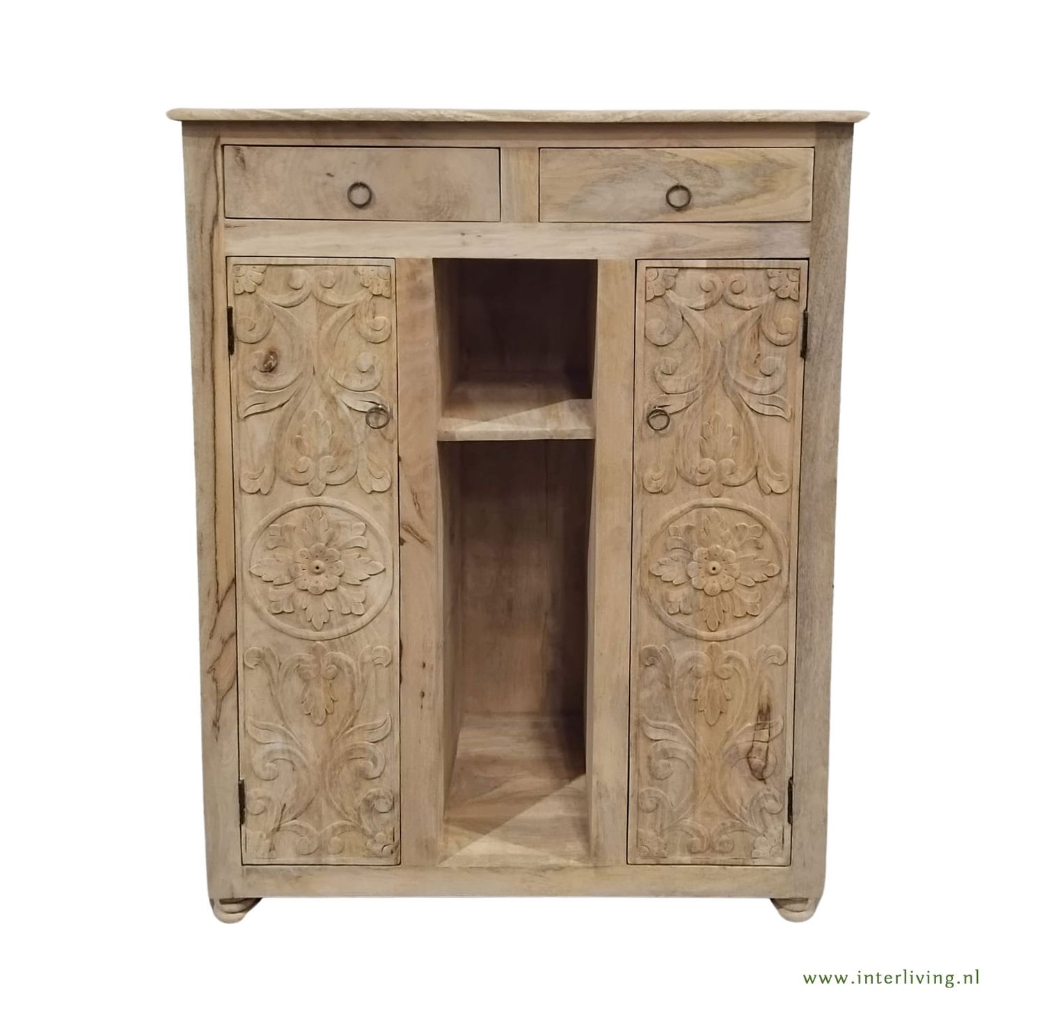 Kastje van naturel mangohout met lotus houtsnijwerk - 120 x 88 x 40 cm