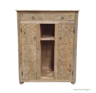 Kastje van naturel mangohout met lotus houtsnijwerk - 120 x 88 x 40 cm