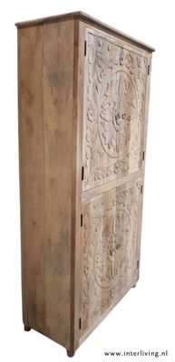 oosterse buffet kast hoog model - unfinished met lotus houtsnijwerk & 4 deuren