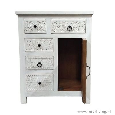 Indiaas kastje "Summer Vibes"  - white wash mangohout - met 5 laadjes