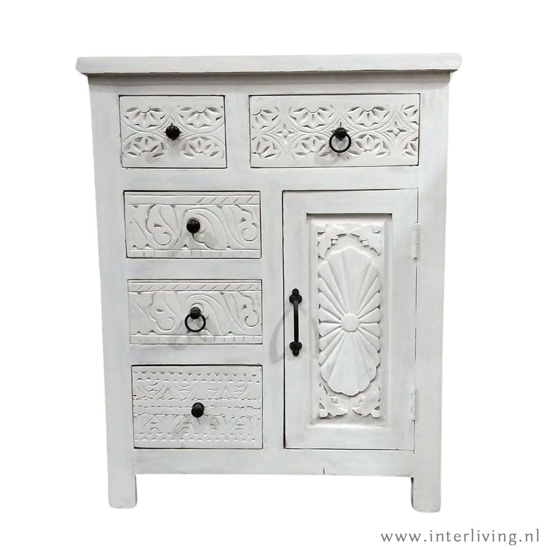 Indiaas kastje "Summer Vibes"  - white wash mangohout - met 5 laadjes