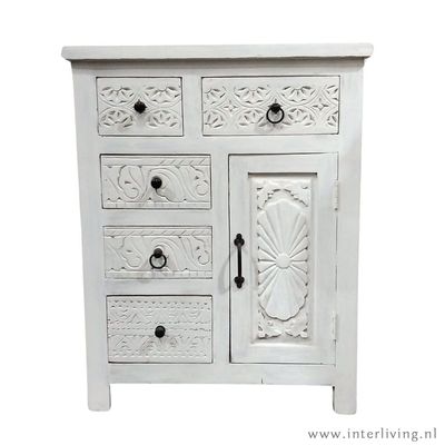 Indiaas kastje "Summer Vibes"  - white wash mangohout - met 5 laadjes