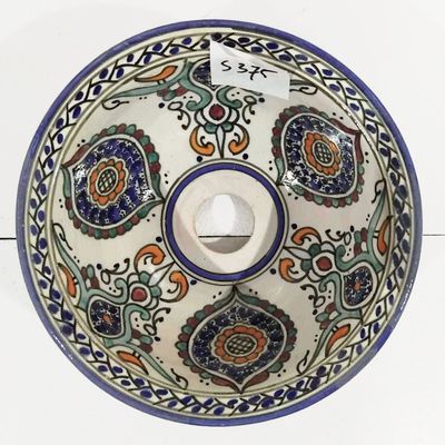 Marokkaanse waskom S375 - kleurrijk met blauwe rand- aardewerk (opbouw) wasbak uit Fez - Ø 25 cm