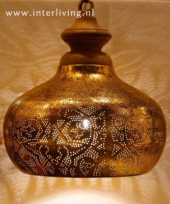 Industriële ronde hanglamp "Lucidar" filigrain design - vintage goud metaal met hout afwerking