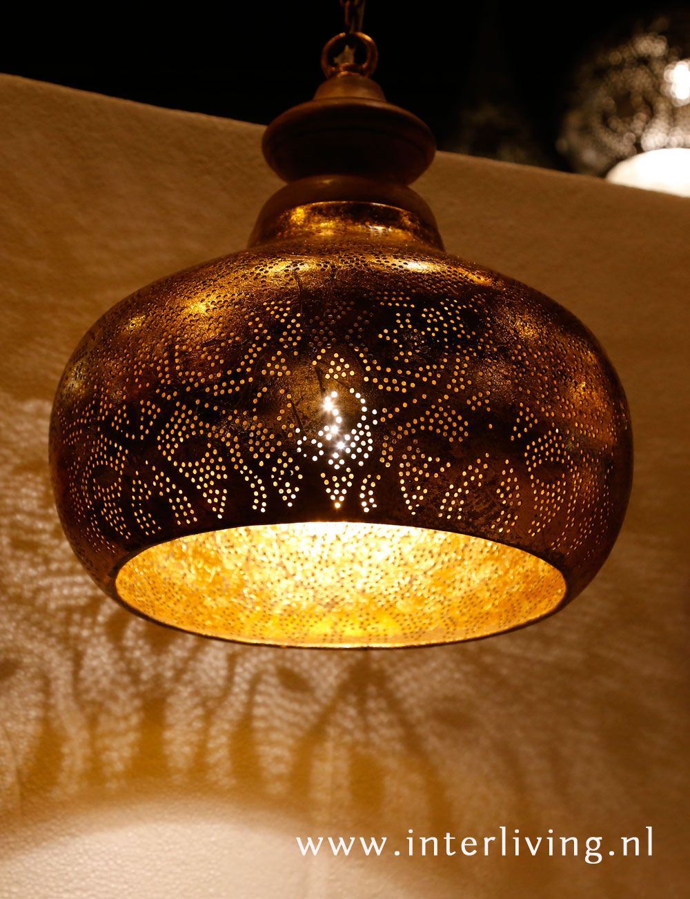 Industriële ronde hanglamp "Lucidar" filigrain design - vintage goud metaal met hout afwerking