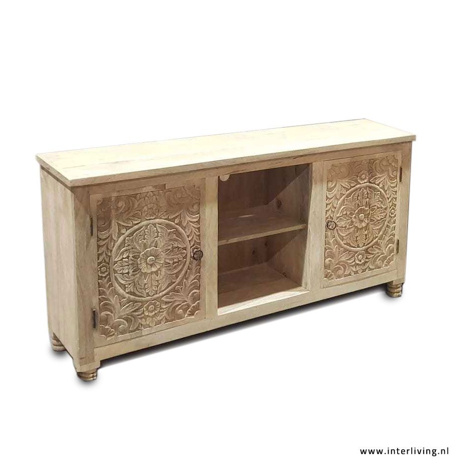 TV kast / Dressoir unfinished mangohout met lotus houtsnijwerk 150*76*40 cm