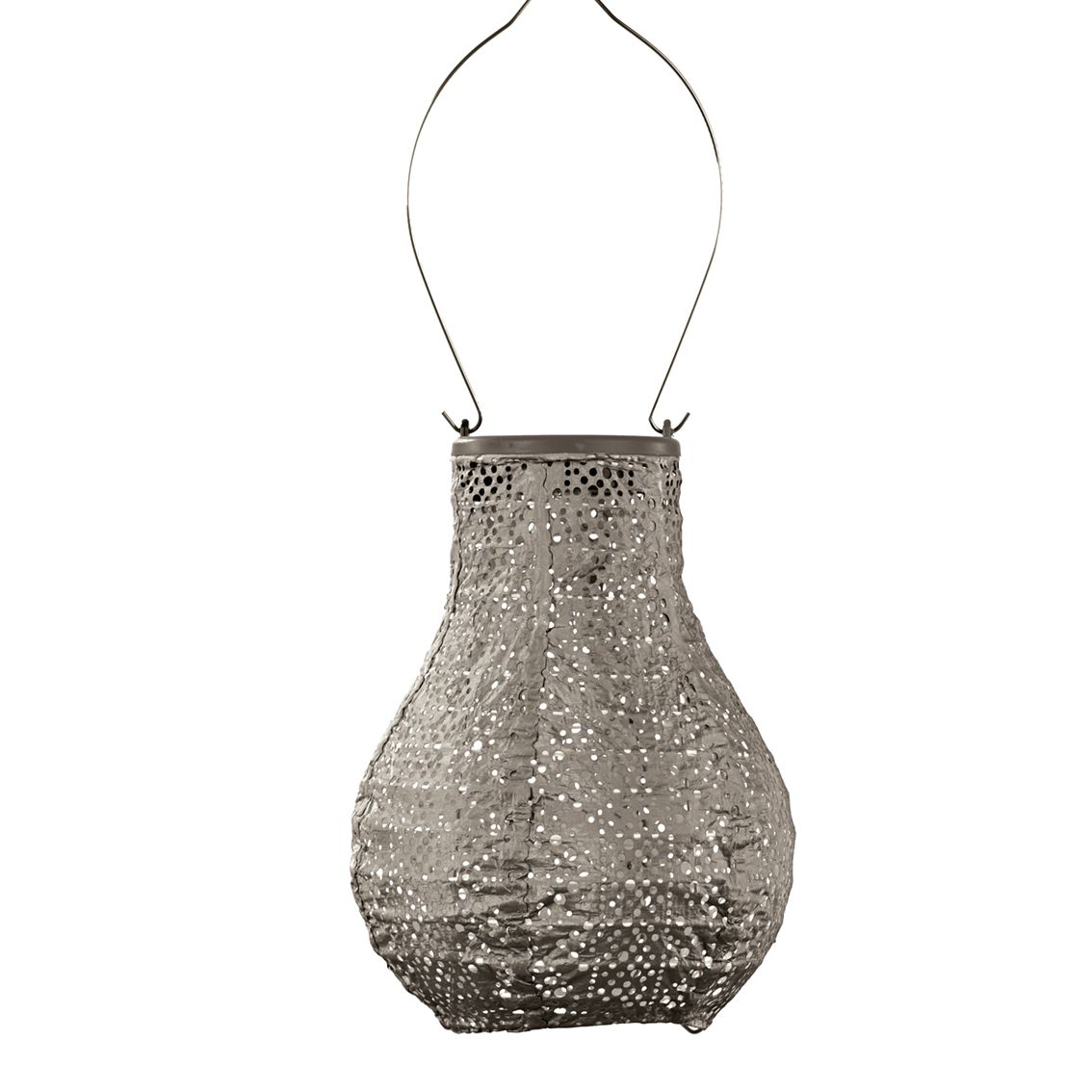 solar lampion bulb - tuinverlichting met kantachtige gaatjespatronen - sfeer effect  buitenlamp - taupe